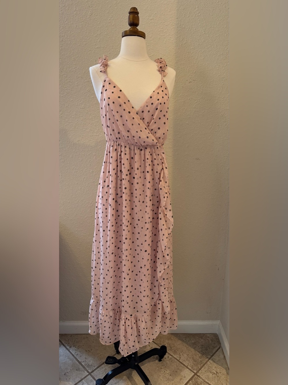 Madewell Pink Ruffle-Strap Wrap Dress in "Inkspot Dots" Sz 4 - Picture 2 of 11